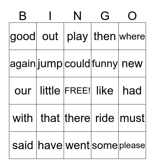 Sight word bingo Card
