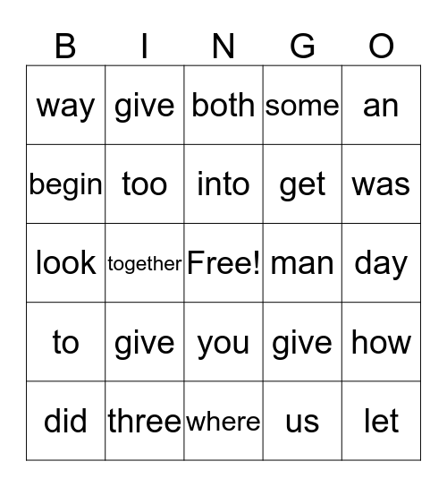 K and 1st HF Words Bingo Card