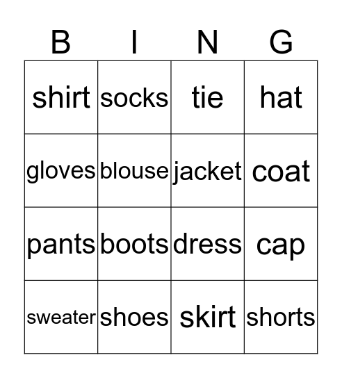 Basic & Intermediate Clothing Bingo Card