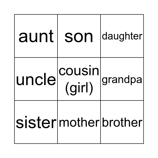 Basic & Intermediate Family Bingo Card