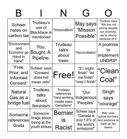 Federal Leadership Debate BINGO Card