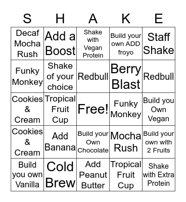 SHAKE BINGO  Bingo Card