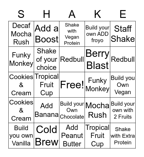 SHAKE BINGO  Bingo Card