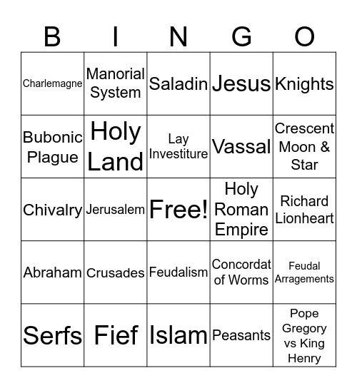 Middle Ages Bingo Card