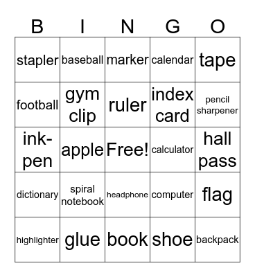 School Bingo Card