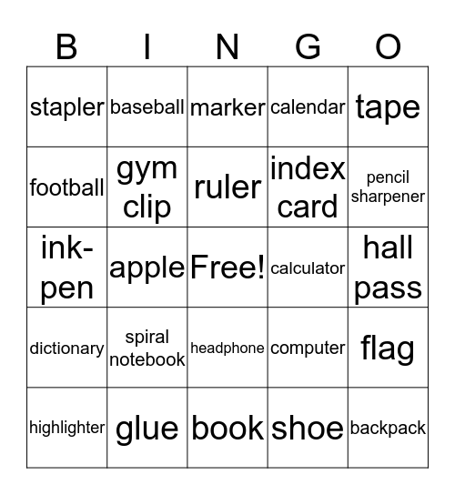 School Bingo Card