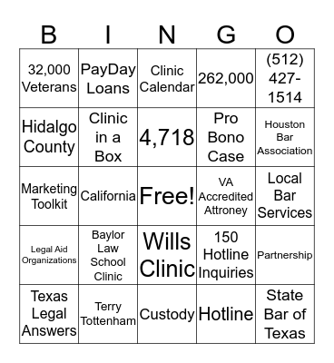 Texas Lawyers for Texas Veterans Bingo Card