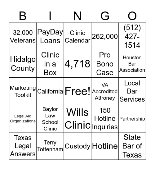 Texas Lawyers for Texas Veterans Bingo Card