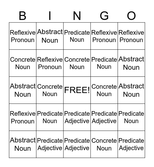 Grammar Review Bingo Card