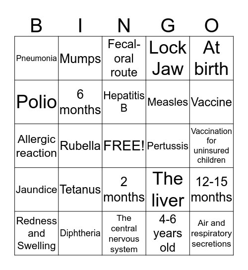 Vaccines and Preventable Diseases Bingo Card