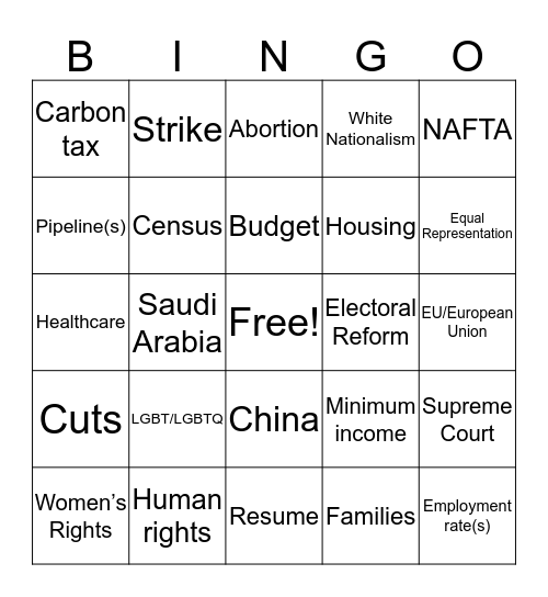 Debate Night Bingo Card