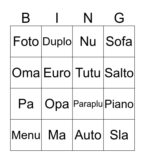 Bingo a, o of u Bingo Card