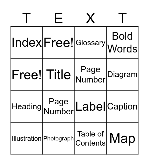 Text Features! Bingo Card