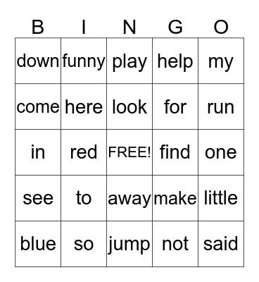 Sight Words Bingo Card