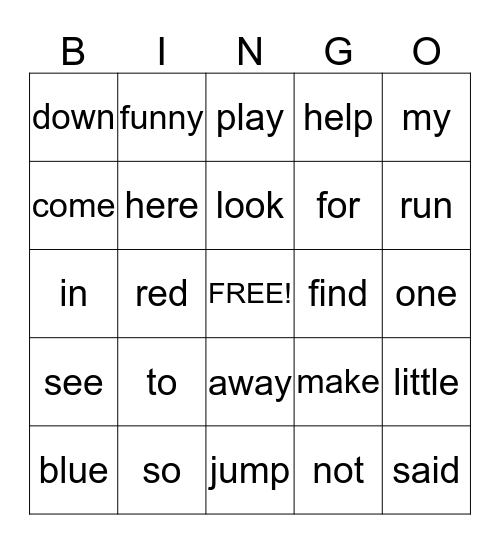 Sight Words Bingo Card