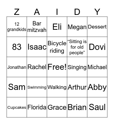 Zaidy’s 83rd birthday bingo game  Bingo Card