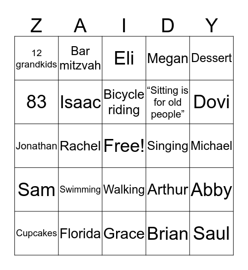 Zaidy’s 83rd birthday bingo game  Bingo Card