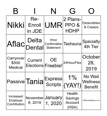 2020 Benefits Open Enrollment Bingo Card