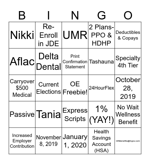 2020 Benefits Open Enrollment Bingo Card