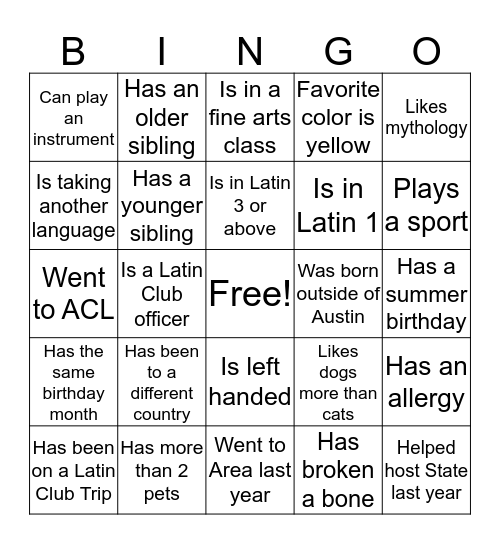 Latin Club Bingo Card