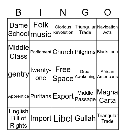Colonial Life Bingo Card