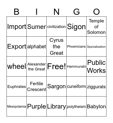 Ancient Civilizations Part 1  Bingo Card