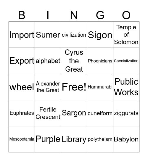 Ancient Civilizations Part 1  Bingo Card
