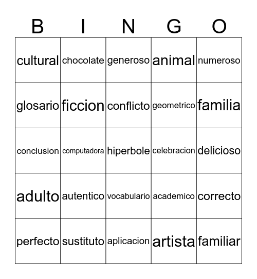 cognados/cognates Bingo Card