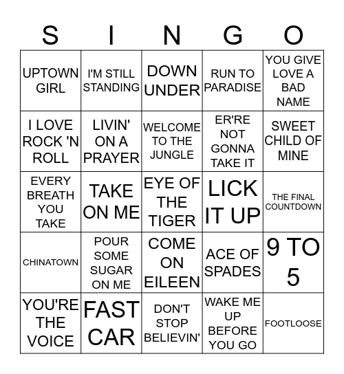 ROCK Vs POP - THE 80'S Bingo Card