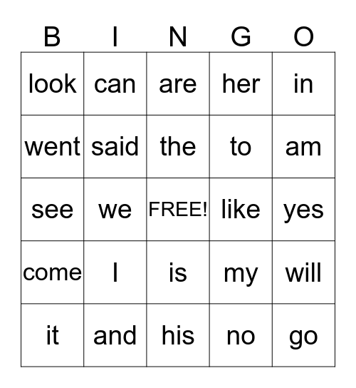 Kindergarten Words Bingo Card