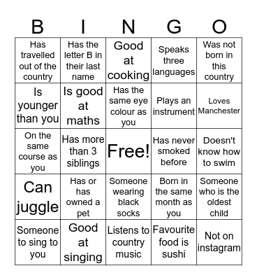 Get to know eachother Bingo Card