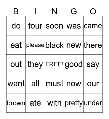Primer Sight Words Bingo Card