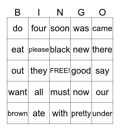 Primer Sight Words Bingo Card