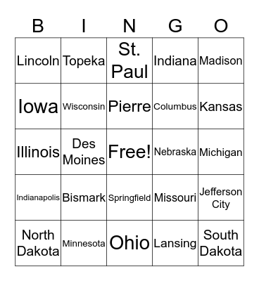 Midwestern States Bingo Card