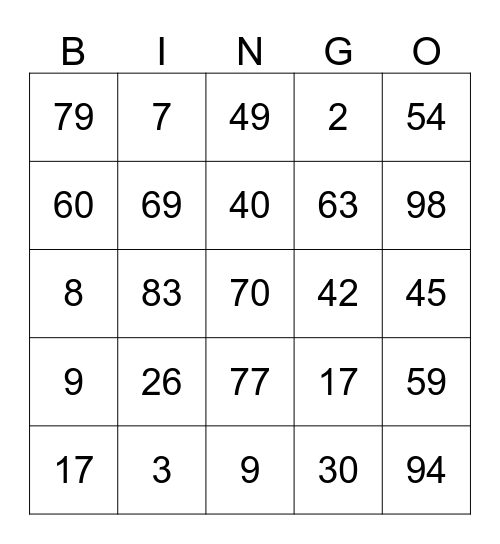 NUMBER Bingo Card