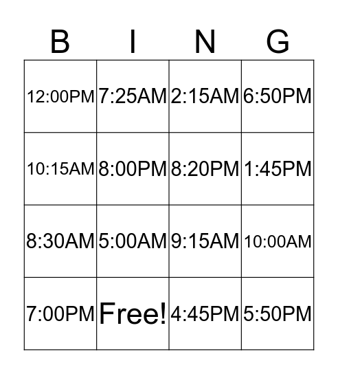 Bingo de hora Bingo Card