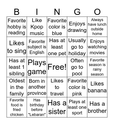 All About Me Bingo Card