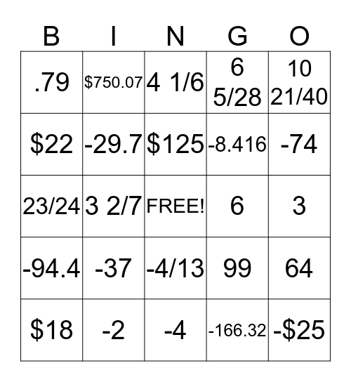 Number Sense Bingo Card