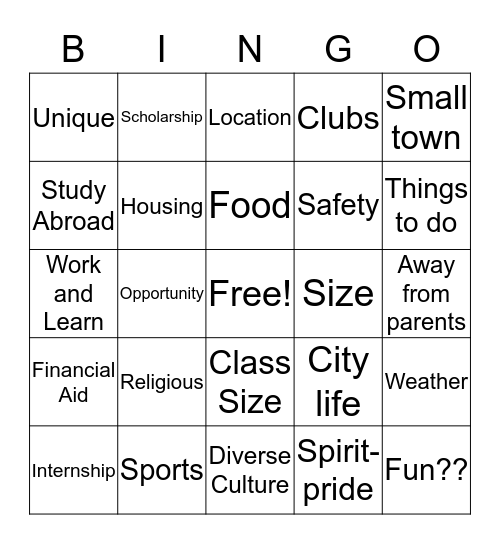 What to look for in a College Bingo Card