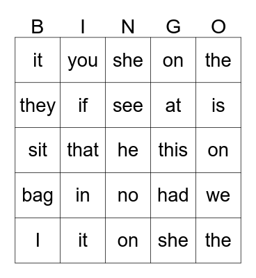 sight words Bingo Card