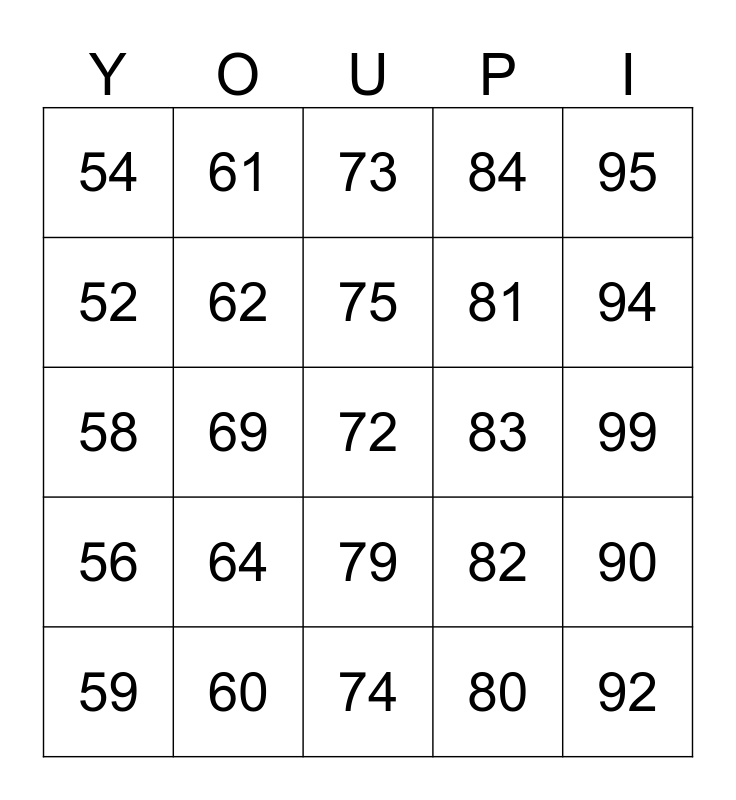 Numbers 50 100 Bingo Card