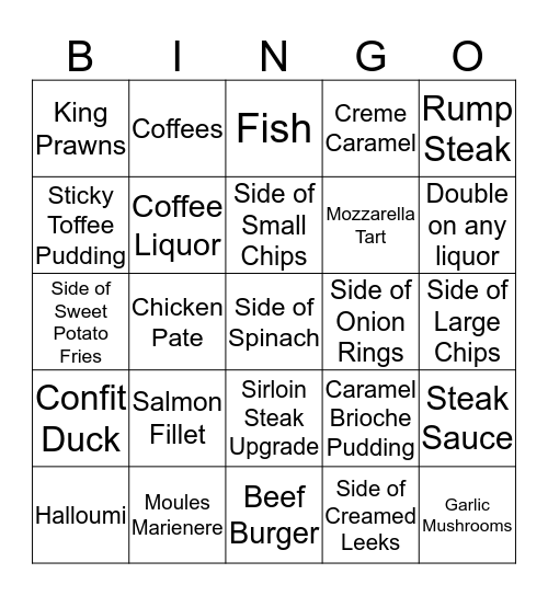 Restaurant Bingo Card