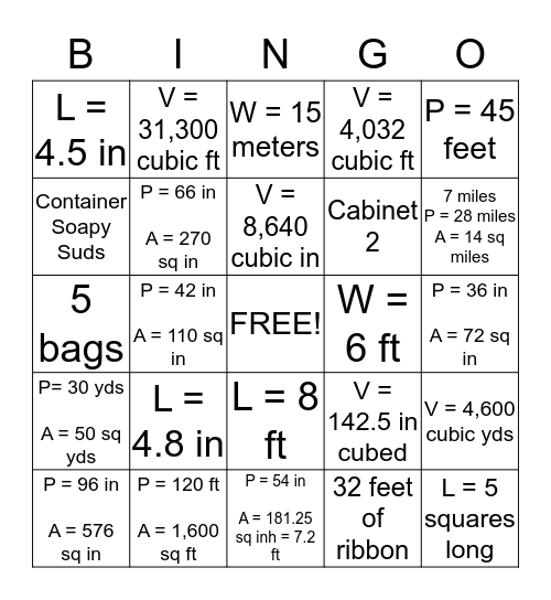 Perimeter, Area and Volume Bingo Card
