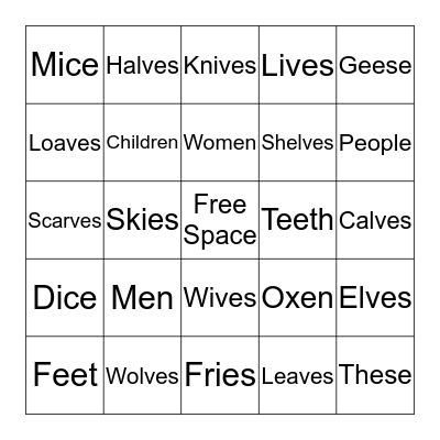 Irregular Plurals Bingo Card