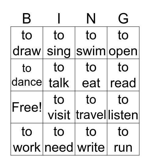 Verbs 101 Bingo Card