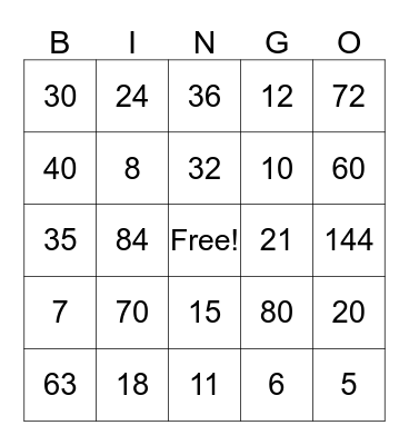 Multiplication/ Division Bingo Card