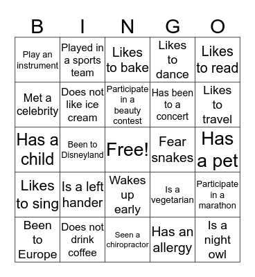 People Bingo! Bingo Card