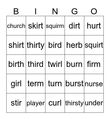 er, ir, ur Bingo Card