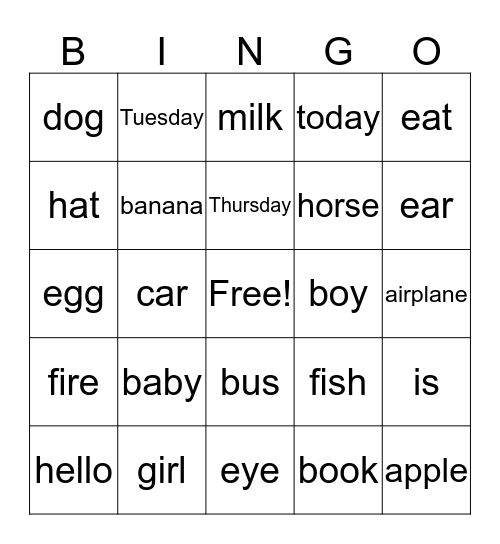 WORDS WE KNOW A-L Bingo Card