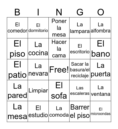 Spanish Vocabulary Bingo!! Bingo Card